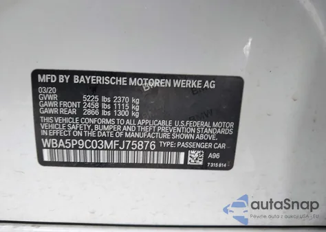 2021 BMW 330E xDrive from USA, damaged, VIN WBA5P9C03MFJ75876